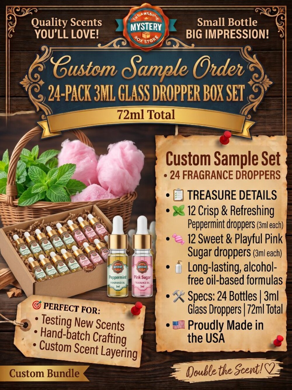 Scented Oil 24-Pack 3ml Glass Dropper Box Set | 12 Peppermint 12 Pink Sugar